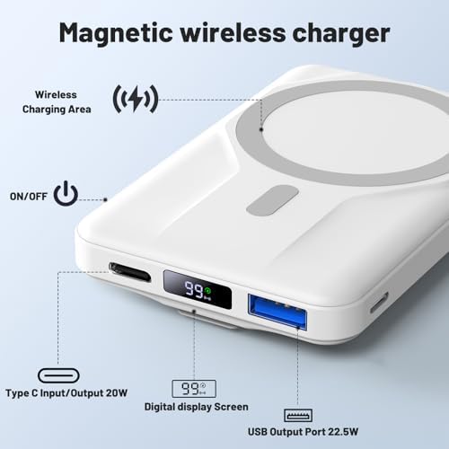 Azmuth Slim Magnetic Power Bank – 10,000 m Ah Wireless Charger with 22.5 W Fast Charging & Digital Display, Perfect for Mag Safe i Phone 16/15/14/13/12 Series – Lightweight, Portable Battery Pack for Seamless Charging on the Go