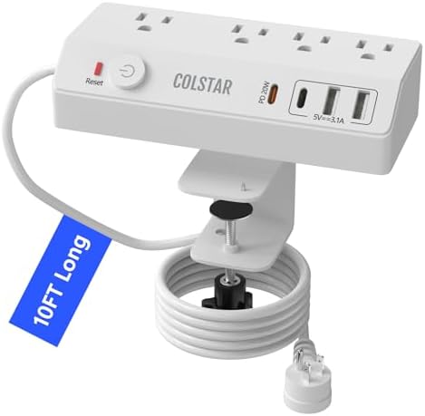 Revolutionize Your Workspace with the Desk Clamp Power Strip Featuring 4 AC Outlets and 4 USB Ports, Including PD 20 W Fast Charging – 10 FT Extension Cord for Ultimate Flexibility, Surge Protection, and Sleek Design for Office Efficiency in White
