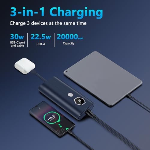 Miady 30 W Fast Charging Power Bank – 20,000 m Ah Portable Charger with Integrated USB-C Cable and LED Battery Indicator for i Phone 16/15/14/13, Galaxy, Android, and i Pad – Ultimate On-the-Go Power Solution for All Your Devices