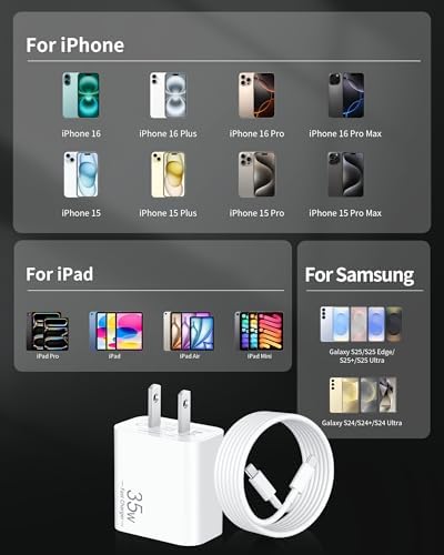 Ultimate 10 FT i Phone 16 Pro Max Charger Bundle: High-Speed 35 W USB-C Wall Adapter with Extra Long Cables for Unmatched Convenience – Perfectly Compatible with i Pad Pro and Google Pixel 9/8/7 for Enhanced Charging Performance