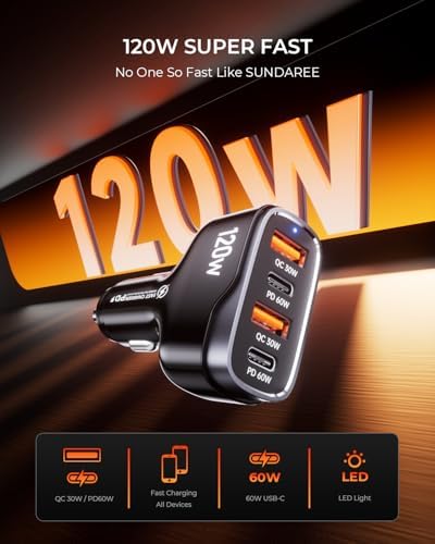 High-Powered 120 W USB C Car Charger with 4 Ports – Dual USB-C PD 60 W & USB-A QC 30 W Fast Charging Adapter for i Phone 16/15/14/13/12, Samsung Galaxy S24 Ultra/S23, Google Pixel & Android Devices – Ultimate Travel Charging Solution for Multiple Devices on the Go