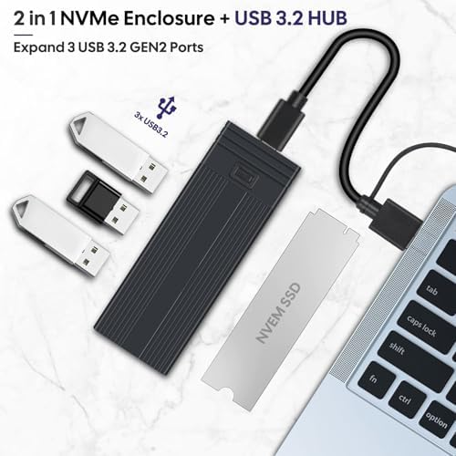 Ultra-Fast Aluminum M.2 NVMe SSD Enclosure Adapter – USB 3.2 Gen 2 (10 Gbps) with Triple Type-A Ports, Supports 2242/2260/2280 Sizes, UASP & TRIM for Optimal Performance – Perfect for Gamers & Creative Professionals