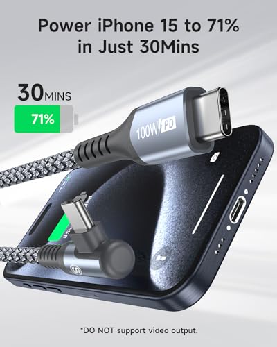 Ultimate 10 FT Right Angle USB-C to USB-C Cable (2-Pack) – 100 W Power Delivery for Fast Charging i Phone 16, Mac Book & Galaxy – Durable Tangle-Free Nylon Braided Design for Tight Spaces – Enhanced Flexibility for All Your Devices