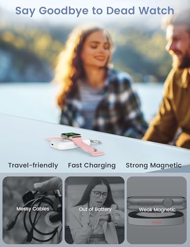 Compact RORRY 2500 m Ah Portable Charger for Apple Watch – Fast Charging Power Bank with Built-in USB-C Cable, Ideal Travel Companion for Series 10, 9, 8, 7, 6, 5, Ultra 2, and SE, Stylish Pink Design for On-the-Go Charging and Enhanced Device Compatibility