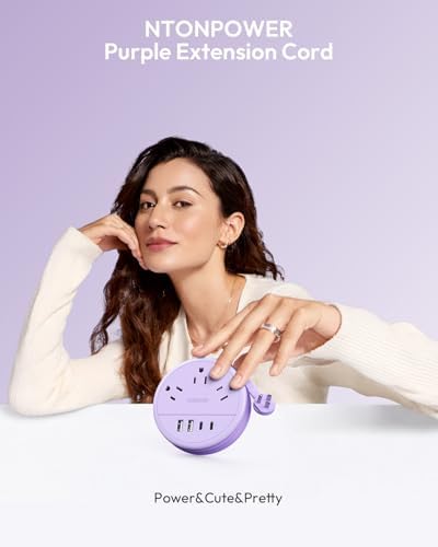 Stylish NTONPOWER Purple Extension Cord with 3 AC Outlets & 4 USB Ports (2 USB-C) – 4 FT Flat Power Strip for Kawaii Dorm & Office Decor – Compact, Versatile Charging Station for Modern Workspaces