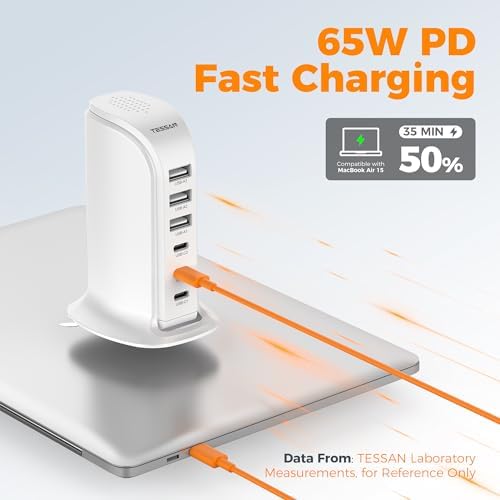 TESSAN 65 W Multi-Device USB Charging Station – Fast Charging Hub for i Phone 13/14/15, Tablets, and Earphones – 6-Port USB-C & USB-A Charger for Home, Office, and Travel – Compact and Safe Design with Overcurrent Protection