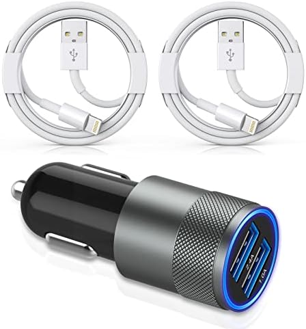 High-Performance i Phone Car Charger – Dual-Port 38 W USB-C & QC3.0 Fast Charging Adapter with 2 Lightning Cables, MFi Certified for i Phone 14, 13 Pro Max, 12, 11, X – Sleek Grey Design for Enhanced Compatibility and Efficiency on the Road
