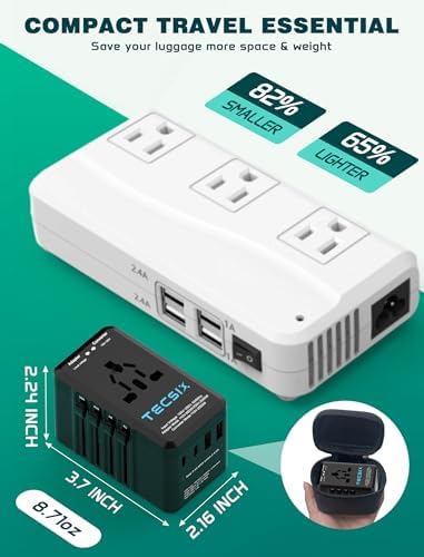 TECSIX 220 V to 110 V Travel Voltage Converter: Universal Power Adapter with Dual USB-C & USB-A Fast Charging Ports for International Adventures in Europe, UK, US, Australia & Asia – Compact, Durable & Multi-Device Compatible