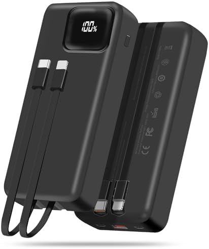 Compact 10,000 m Ah Power Bank with Built-in Cables and 22.5 W Fast Charging – Essential Travel Charger for i Phone, i Pad, Samsung, Google Pixel, LG & More – LED Battery Status Display – Ultimate On-the-Go Charging Solution