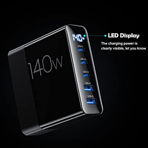 Maximize Your Charging Efficiency with a 140 W Ga N USB-C Charger Featuring LED Display – 5-Port Desktop Power Station with 3 USB-C & 2 USB-A Ports for Fast Charging Multiple Devices Including Mac Book Pro, i Phone, i Pad, and Laptops – Ultimate Compatibility and Performance