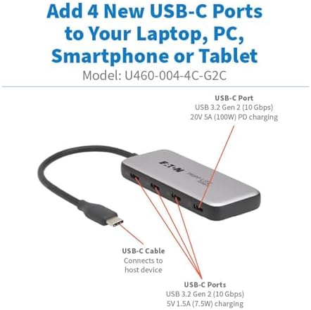 Tripp Lite 4-Port USB-C Hub – Lightning-Fast 10 Gbps Data Transfer, 100 W Power Delivery & Thunderbolt 3 Compatibility – Ultimate Travel-Friendly Connectivity for Professionals – Easy Plug-and-Play Setup with 3-Year Warranty Included
