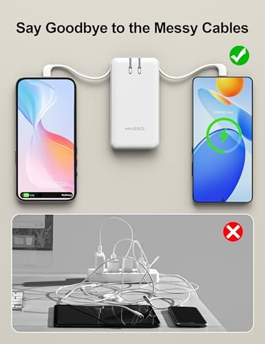 miisso Ultra Slim 10000 m Ah Portable Power Bank with Built-in Cables and Foldable Wall Plug – Compact USB-C Charger for i Phone, Samsung, i Pad & More – Perfect Travel Companion for On-the-Go Charging Efficiency