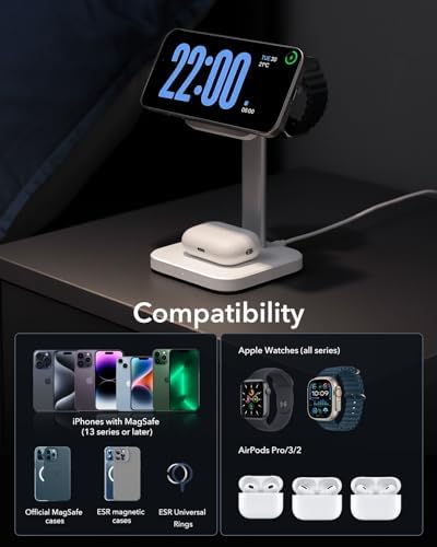 ESR Qi2 3-in-1 Wireless Charging Station – Fast 15 W Mag Safe Charger for i Phone 16/15/14/13, Certified Apple Watch & Air Pods Charger, Sleek White Design for Home or Office – Ultimate Multi-Device Charging Solution with Enhanced Compatibility and Speed