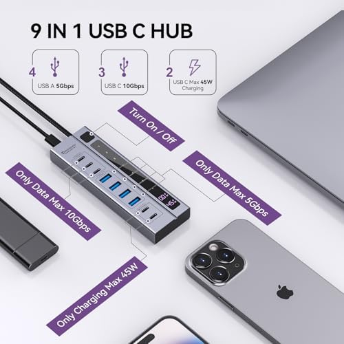 Elevate Your Tech Game with the Minisopuru 6-in-1 Powered USB C Hub – Experience Blazing 10 Gbps Data Transfer and Robust 45 W Charging for i Pad Pro, i Phone, Meta Quest Pro & More – Sleek and Compact Design with 72 W Adapter for Effortless Multi-Device Management