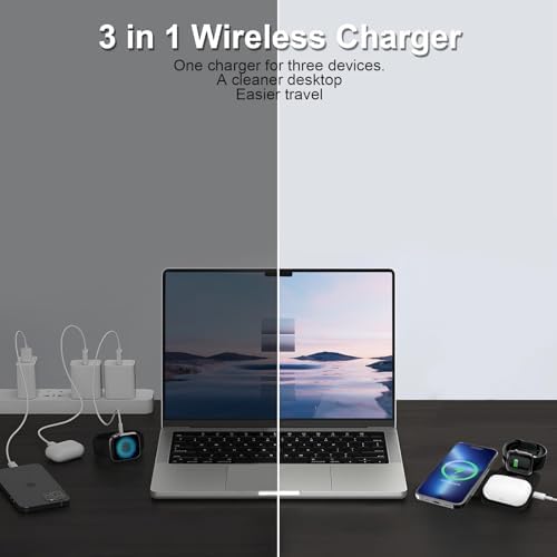 Miady 3-in-1 Magnetic Wireless Charging Station – Ultra-Fast 18 W Travel Charger for i Phone 15/14/13/12 Pro Max, Apple Watch Series Ultra/8/7/6/5/4/3/2/SE, and Air Pods 3/2 – Compact, Portable Design for Effortless Charging and Unmatched Device Compatibility