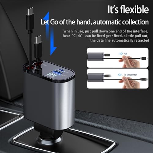 Revolutionary 4-in-1 Retractable Car Charger with Dual Ports – Fast Charging Solution Featuring Type C & Lightning Cables for Ultimate Compatibility and Efficiency – Tangle-Free, Durable Design for On-the-Go Power