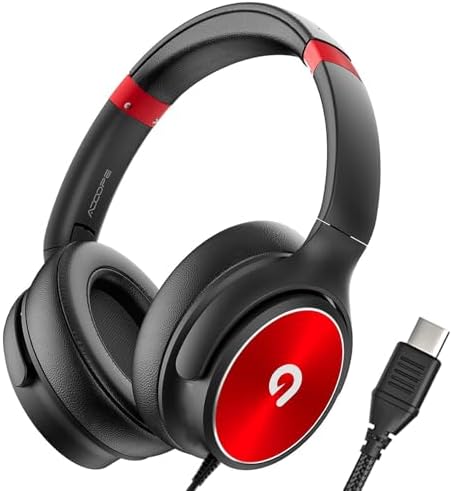 Adoope USB C Foldable Headphones with Microphone – Safe Listening Design Featuring 95 d B Volume Limit for Kids and Adults, Plush Ear Pads for Unmatched Comfort, Portable Style in Black & Red – Perfect for Tablets, Phones, and Laptops