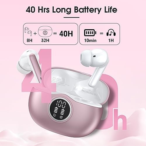 Premium Bluetooth 5.3 Wireless Earbuds – 40-Hour Playtime, IPX7 Waterproof, Deep Bass Sound, Superior Noise Cancelling, Elegant Rose Gold Design – Ideal for i Phone and Android Users Seeking Exceptional Audio Performance and Durability