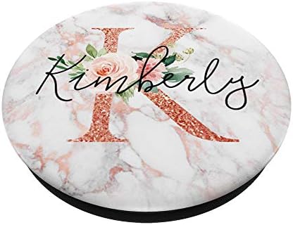 Kimberly Personalized ‘K’ Initial Rose Pink Marble Pop Grip – Custom Floral Phone Holder for Enhanced Device Stability and Style – Versatile Swappable Accessory for Effortless Handling and Chic Aesthetic