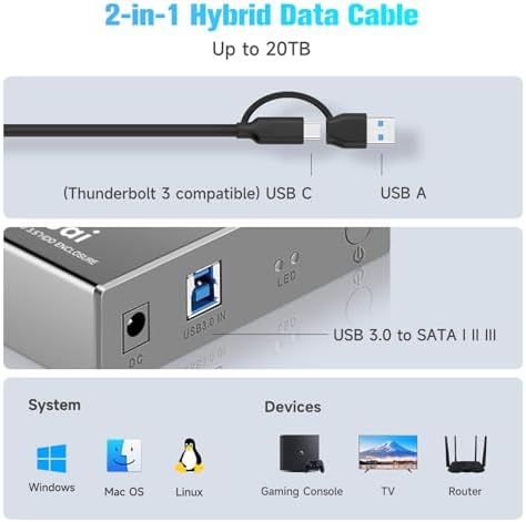Aluminum 3.5″ Hard Drive Enclosure: USB 3.0 & USB-C Dock for 20 TB SATA HDD/SSD – Rapid Data Transfer & Universal Compatibility for All Operating Systems