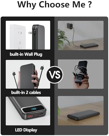 12000 m Ah Ultra-Light Portable Power Bank with Built-In Cables & AC Wall Plug – PD20 W USB-C Fast Charging for i Phone, Samsung & Android – LED Display for Battery Monitoring – Ultimate Travel Companion for Quick Device Recharging