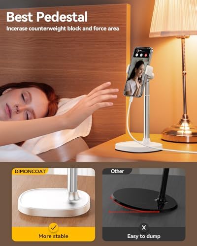 DIMONCOAT Adjustable Aluminum Alloy Cell Phone Stand – White, Universal Compatibility with 4-7 inch Devices, 180° Flip & 360° Rotation – Enhanced Compatibility and Speed