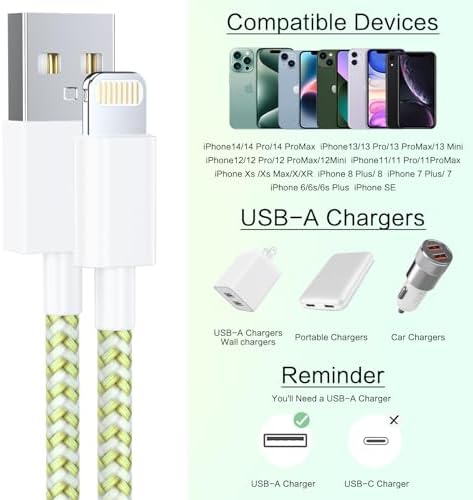 Apple MFi Certified 6 Pack Nylon Braided Lightning Cables – Fast Charging in Stylish Pastel Colors, Versatile Lengths (3 FT, 6 FT, 10 FT) for i Phone 14 Pro, 13 Mini, 12, 11 Pro Max, XR, XS, 8, 7, Plus, 6 S – Enhanced Durability & Quick Data Transfer