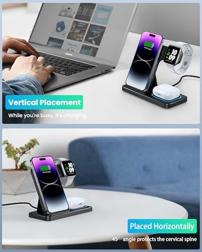 Revolutionary DUMTERR 3-in-1 Fast Wireless Charging Station for i Phone 16/15/14/13/12, Apple Watch Series 10, and Air Pods 4 – Sleek Docking Solution for Effortless Desk and Nightstand Organization, Superior Safety Features, and Rapid Charging Efficiency for All Your Apple Devices
