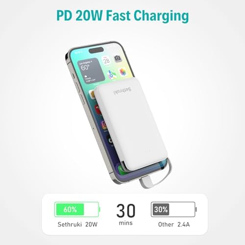 Ultra-Slim 20 W Fast Charging Power Bank with Built-in USB C Cable – 6000 m Ah Lightweight Portable Charger for i Phone 16, 15, Samsung & Android Devices – Essential Travel Battery Pack for On-the-Go Power Needs