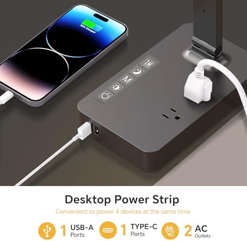 Versatile Power Strip Lamp with USB Charging: 2 AC Outlets, 1 USB-A & 1 Type-C Port, Adjustable Brightness Desk Lamp for Home Office & Dorm Room, 5 ft Extension Cord with Surge Protection for Ultimate Device Safety