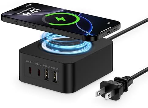 60 W Multi-Device Charging Station – Fast USB A & C Ports for i Phone 16, Samsung S25, Pixel 9 Pro – 15 W Wireless Charging Hub for Efficient Powering of Gadgets – Compact & Portable Tech Accessory for Busy Professionals