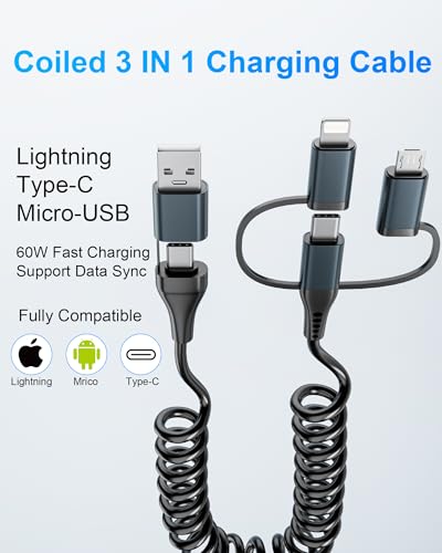 Revolutionary 4-in-1 Coiled Charging Cable: USB, USB-C & Lightning Combo for Seamless Apple Car Play & Android Auto Compatibility – 5 FT, 60 W Fast Charging Multi-Device Cord for i Phone, Samsung, i Pad, Mac Book – Tangle-Free Travel Solution