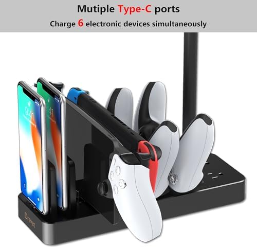 Drevet 6-Port USB-C Fast Charging Station with Dual AC Outlets and Headset Stand – Ultimate Multi-Device Power Hub for Phones, Tablets, and More – Sleek, Compact Design for Home or Office Use – Enhanced Charging Efficiency and Organization Solutions
