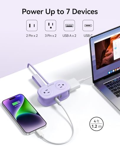 Compact Travel Power Strip by ORICO – 4 AC Outlets & 3 USB Ports (1 USB-C) with 4 FT Flexible Cord – Cruise Approved Portable Charging Station for Hotels and Adventure Trips – Ultimate Solution for Modern Travelers