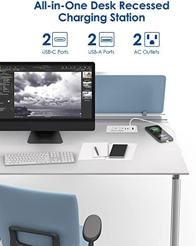 Ultra-Slim Recessed Power Strip with 30 W USB-C Fast Charging – 2 Outlets & 4 USB Ports for Multi-Device Convenience – Ideal Flush Mount Solution for Side and Sofa Tables – 6 ft Cord for Enhanced Flexibility – Perfect for Home Office & Living Spaces