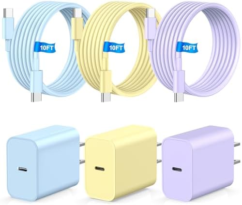 Premium 10 FT Fast Charging Type C Charger Set – 20 W USB C Cable Trio for i Phone 15/16 Pro/Max/Plus & i Pad Pro – Vibrant Blue, Yellow, Purple – Universal Compatibility & Rapid Power Delivery for On-the-Go Charging Solutions