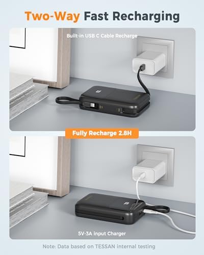 TESSAN 10000 m Ah Fast Charging Portable Power Bank with Built-in USB-C Cable – Compact Battery Pack for i Phone 16/15, Samsung & Tablets – Ultimate Travel Companion with Universal Compatibility & Rapid Recharge Technology