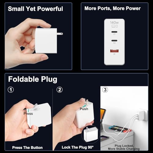 140 W Ga N USB-C Power Adapter with Foldable Plug – 3-Port Fast Charger for Samsung Galaxy Book4 Ultra & Pro – Includes 6 ft USB-C Cable – Compact Power Delivery 3.1 Technology for Laptops, Tablets & Phones – Universal Compatibility with Mac Book, Lenovo & More – Lightweight Design for Home & Travel – Optimized for Multi-Device Fast Charging – 5-Year Warranty Included – Ideal for Tech Enthusiasts and Professionals Seeking Efficient Charging Solutions