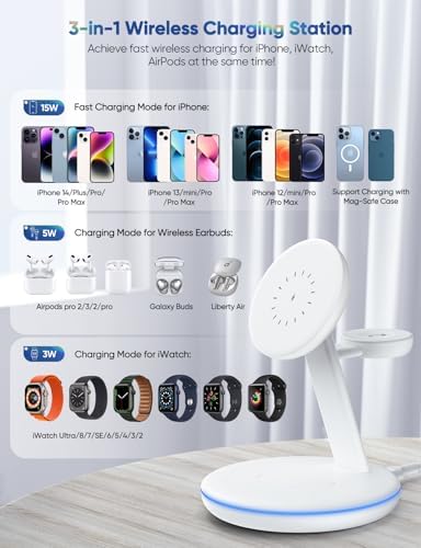 Ultimate 3-in-1 Mag-Safe Charging Station for Apple Devices – Rapid Wireless Charger for i Phone 16/15/14/13/12, Apple Watch Series 10-2 SE & Air Pods Pro/4/3/2 – Modern Design for Enhanced Charging Efficiency Transform your charging routine with our advanced 3-in-1 Mag-Safe Charging Station, expertly designed to provide rapid power for your i Phone, Apple Watch, and Air Pods. Featuring high-speed wireless technology, this sleek charging hub eliminates clutter while enhancing your workspace’s aesthetics. Benefit from innovative magnetic alignment that guarantees secure device placement and stability during charging sessions. Constructed from premium, durable materials, this versatile charger not only optimizes performance but also seamlessly complements your home or office decor. Ideal for busy professionals, tech enthusiasts, and anyone looking for a streamlined charging solution, this multifunctional station combines efficiency, style, and convenience in one powerful package. Say farewell to tangled cables and elevate your charging setup to new heights with this all-inclusive charging solution that meets the demands of modern lifestyles.