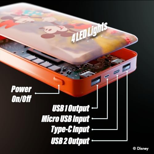 Disney Mickey Mouse & Friends 10,000 m Ah Portable Power Bank – Universal USB Charger for All Devices, Fast Charging Technology, Lightweight & Compact Design – Perfect Disney Gift for Enthusiasts, Teens, and Adults