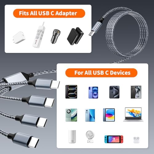 Versatile 4 in 1 USB C Charging Cable – 5 FT Dual Type-C Multi-Device Charger for i Phone 16/15/14/13, Android, i Pad & Mini Fans – 2 Pack Essential Travel Accessory for Fast and Efficient Charging Solutions