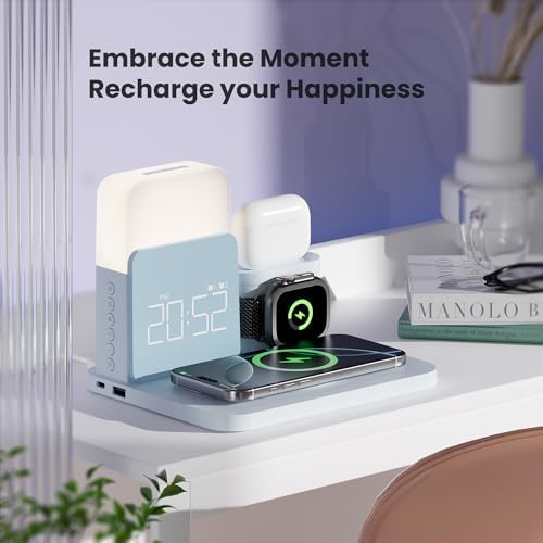 Elevate Your Nightstand with the 7-in-1 Wireless Alarm Clock Charging Station – Fast Mag-Safe Charger for i Phone 12-16 Pro Max, Apple Watch & Air Pods, Features Adjustable Night Light and Sleek Time Display for Ultimate Bedroom Convenience