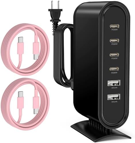 High-Power 96 W Multi-Device Charging Station – 6-Port USB-C Fast Charging Hub with 6 ft Cables for i Phone 16, 15 Pro Max, Samsung, Android & i Pad – Sleek Black Organizer for Home & Office Use – Rapid Charging Solution to Eliminate Cable Clutter