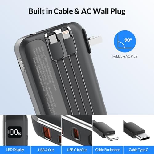 High-Capacity 20000 m Ah Portable Charger with Built-in Cables & Fast 22.5 W Charging – Multi-Device Travel Power Bank with LED Display, 4 Outputs for i Phone 16/15/14/13, Samsung, Android, i Pad – Ultimate Convenience in Sleek Black