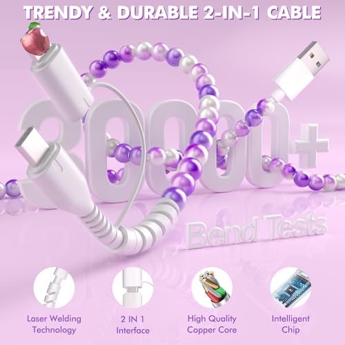 Stylish 2-in-1 Coolden USB C Cable: 3.3 FT Fast Charging Cord with Purple Beaded Design for i Phone 16, 15 Pro Max & Galaxy S25/S24 Ultra – Versatile Dual Compatibility for Trendsetters and Tech Enthusiasts
