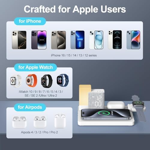 Transform Your Charging Routine with the REACHER 3-in-1 Wireless Charging Station: Mag Safe-Compatible Alarm Clock & 8-Color LED Night Light for i Phone 16/15/14/13/12 Series – Ideal Nightstand Organizer for Enhanced Efficiency and Style in Bedroom, Desk, and Dorm Settings – Fast, Multi-Device Charging Dock for Ultimate Convenience