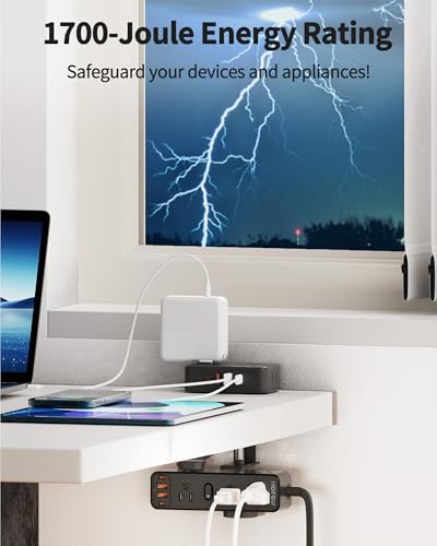 15 FT Under Desk Surge Protector Power Strip with 13 Outlets & 4 Fast Charging USB Ports – Dual Layer Desktop Clamp Charging Station for Home & Office – Enhanced Safety with 1700 Joules and Flexible Extension Cord