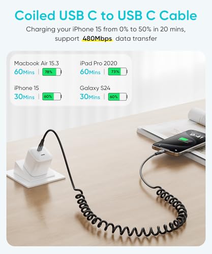 SUNGUY Coiled USB C to USB C Cable,2Pack 60W [1.5FT-5FT] USBC to USBC Android Auto & Carplay Cable for iPhone 16/15/ Pro/Pro Max, Samsung Galaxy S24/S3/S22, iPad Pro – Enhanced Compatibility and Speed