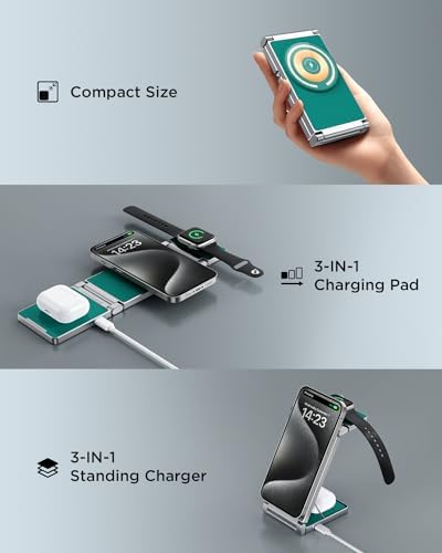 Hohosb Foldable 3-in-1 Magnetic Wireless Charger Station – Premium Zinc Alloy Design for i Phone 15/14/13/12, Air Pods Pro/3/2, and Apple Watch – Mag Safe Compatible, Fast Charging, and Travel-Friendly Solution for All Your Devices (Blue)