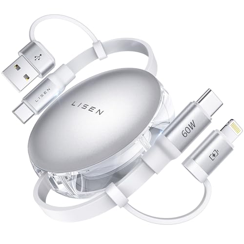 LISEN 5-in-1 Retractable Fast Charging Cable – 60 W Multi-Device Charger for i Phone, i Pad & Samsung with USB-C/A Ports – Compact and Portable Charging Solution for On-the-Go Power Needs